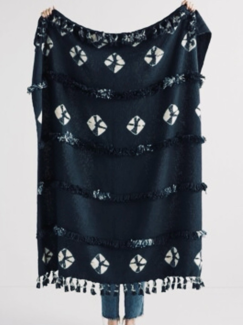 NWT Anthropologie Sierra Fringed Throw Blanket In Navy